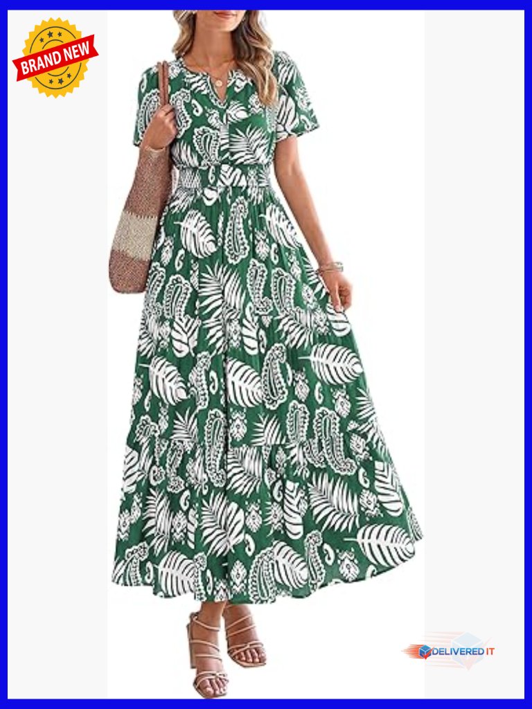 V Neck Short Sleeve Flowy Maxi Dress With Pockets Bohemian